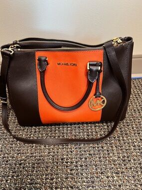 Michael Kors Orange and Brown Saffiano Leather Satchel with Gold MK Charm-EUC